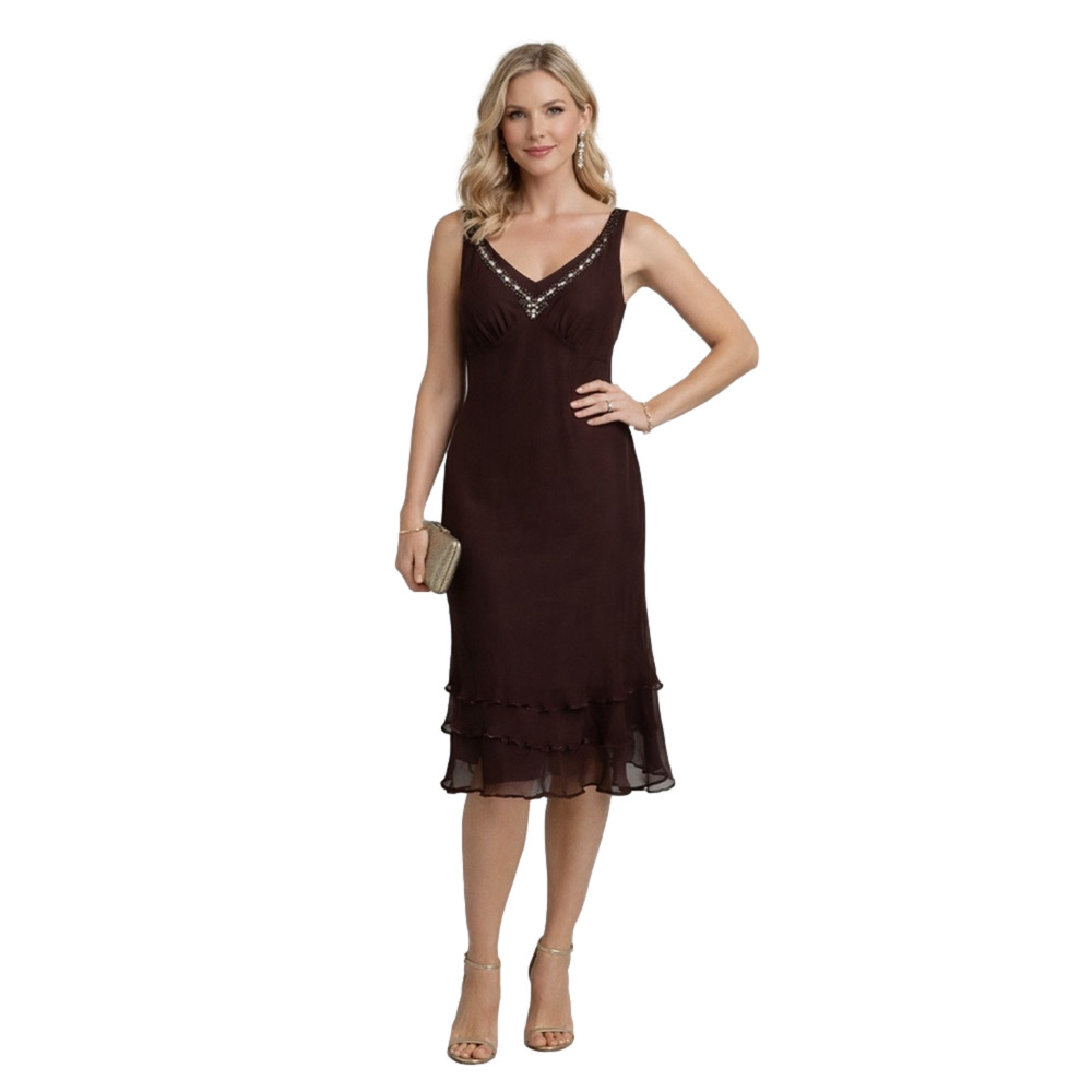 Stunning 100% Silk Chocolate Brown Gold Beaded Ruffle Dress NWT Vintage